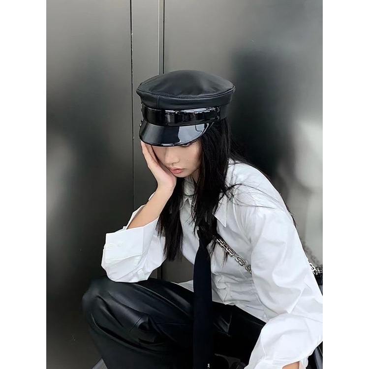 Mũ Lưỡi Trai Chất Liệu Da Bóng Màu Đen Thời Trang Mùa Đông Cho Nữ