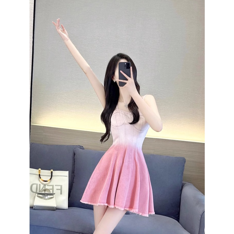 Sweet hot style pink denim sling dress phụ nữ mùa hè phong cách mới ngọt ngào sexy hot girl slim-fit slimmer look a-line dress