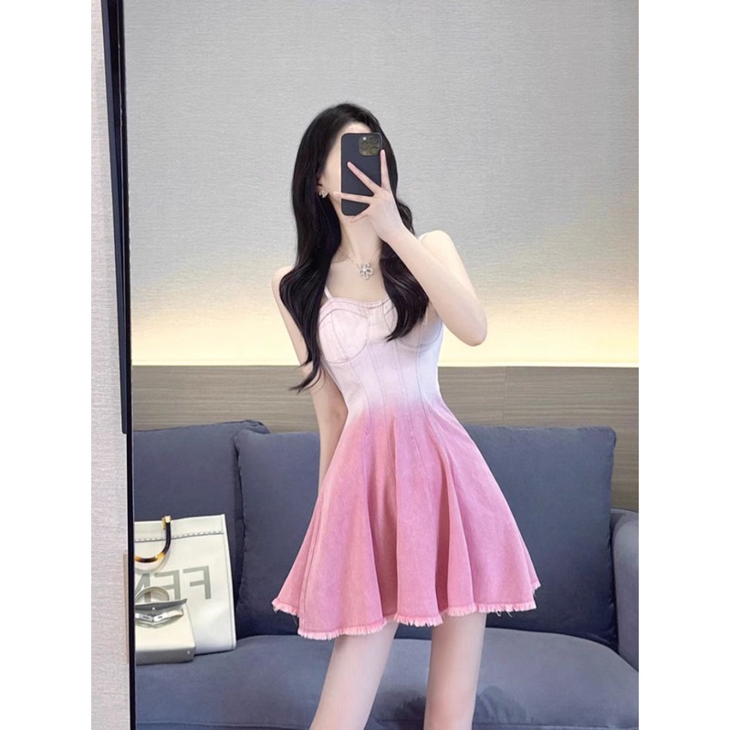 Sweet hot style pink denim sling dress phụ nữ mùa hè phong cách mới ngọt ngào sexy hot girl slim-fit slimmer look a-line dress