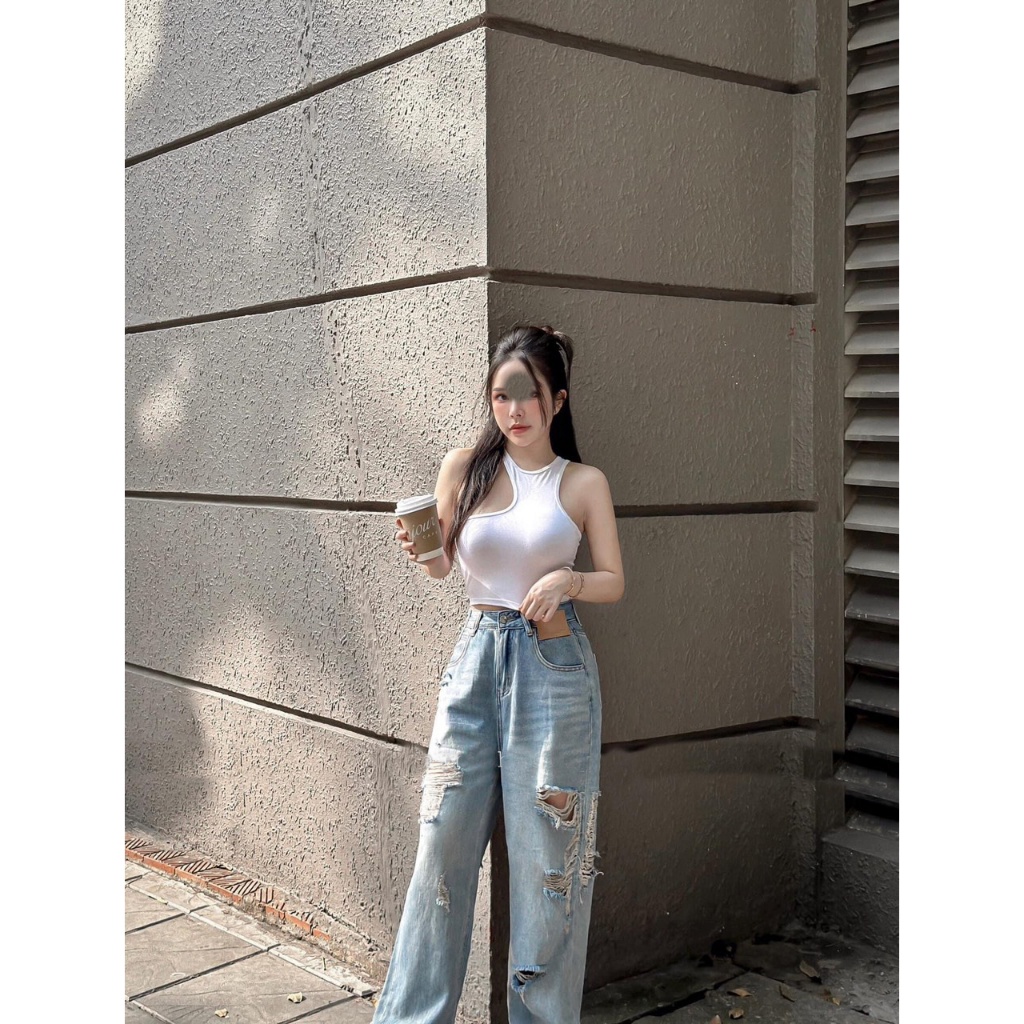 Quần bò ống rộng màu xám tua rua , Quần jean ống rộng dáng suông lưng cao màu xám gấu có tua rua S46