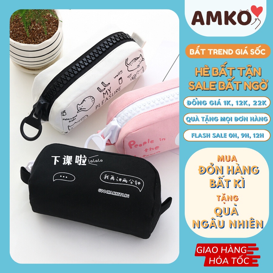 Hộp Bút Vải Khóa Zip To Đẹp Hình Mèo Thỏ Đen Trắng - Túi Đựng Bút Canvas , Bóp Vết Đa Năng AMKO HBV17