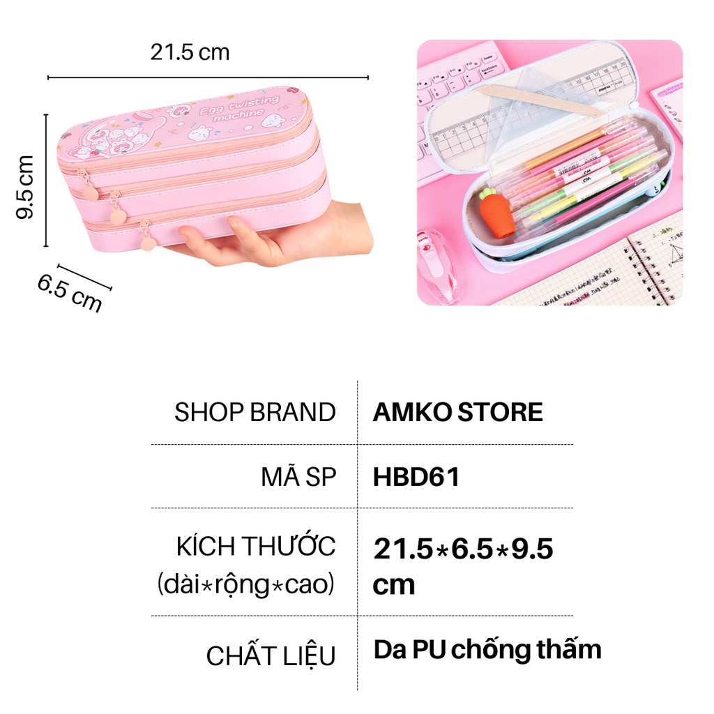 Hộp Bút Da PU 3 Tầng Đa Năng Hình Cute Có Quai Xách - Bóp Viết Đẹp To 3 2 Ngăn Đựng Mỹ Phẩm AMKO HBD60 HBD61