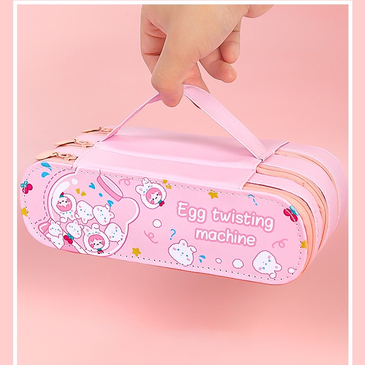 Hộp Bút Da PU 3 Tầng Đa Năng Hình Cute Có Quai Xách - Bóp Viết Đẹp To 3 2 Ngăn Đựng Mỹ Phẩm AMKO HBD60 HBD61