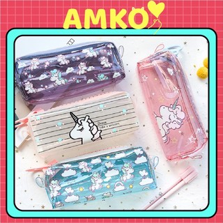 Hộp Bút Nhựa KHÓA ZIP TO Đẹp Hình Kỳ Lân Unicorn Cỡ To - Bóp Viết Đa Năng, Đựng Mỹ Phẩm, Văn Phòng Phẩm AMKO HBN62
