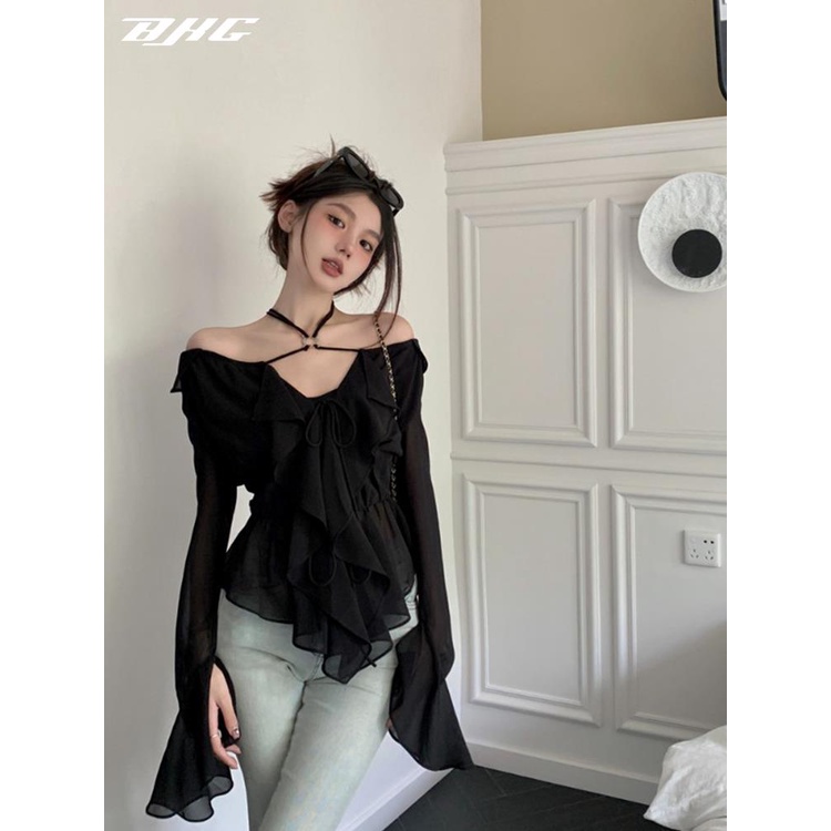 Áo Sơ Mi Chiffon Dài Tay Trễ Vai Phối Bèo Màu Đen Phong Cách Pháp Thời Trang Mùa Thu Cho Nữ