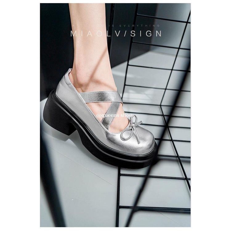 Giày Da Đế Xuồng Quai Chéo Thắt Nơ Xinh Xắn