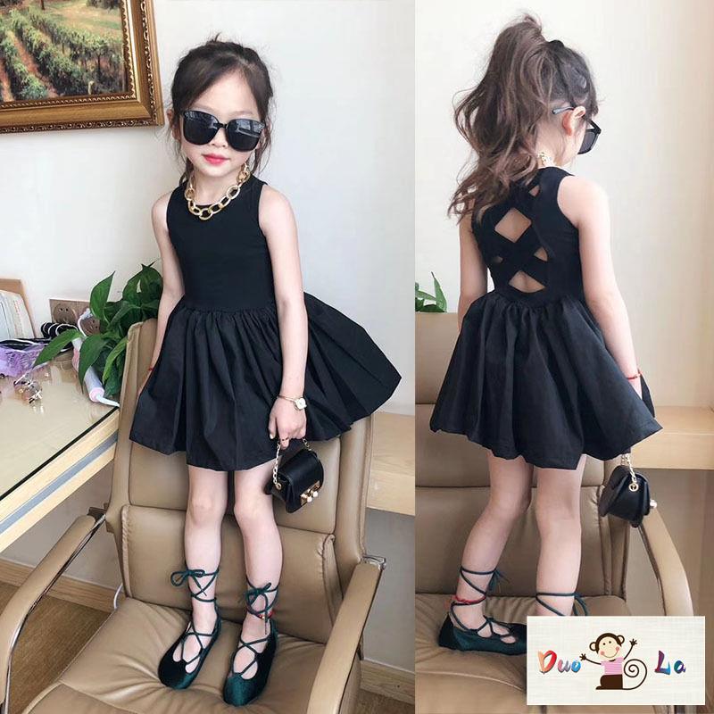 Doula ~ Đầm Đen Nhỏ Nhắn Phối Dây Đan Chéo Sau Lưng Phong Cách Hepburn Thời Trang Mùa Hè 2023 Dành Cho Bé Gái