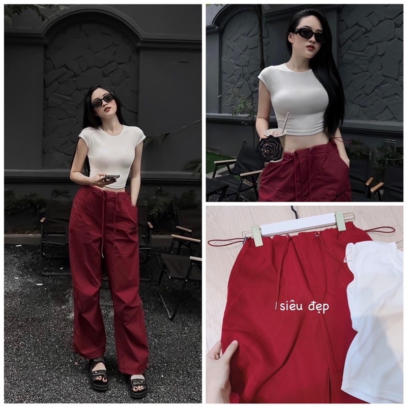 Set áo thun trắng phối quần ống rộng đỏ