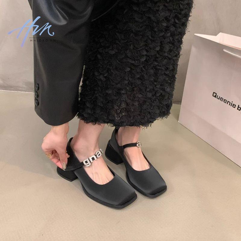Giày Cao Gót Da Mũi Vuông Màu Đen Phong Cách Anh Quốc Thời Trang Mùa Hè 2023 Cho Nữ