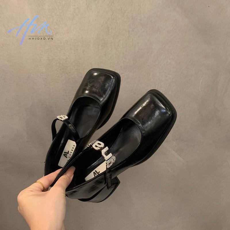 Giày Cao Gót Da Mũi Vuông Màu Đen Phong Cách Anh Quốc Thời Trang Mùa Hè 2023 Cho Nữ