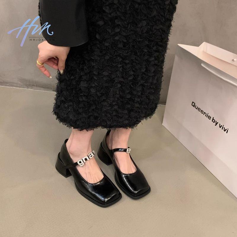 Giày Cao Gót Da Mũi Vuông Màu Đen Phong Cách Anh Quốc Thời Trang Mùa Hè 2023 Cho Nữ