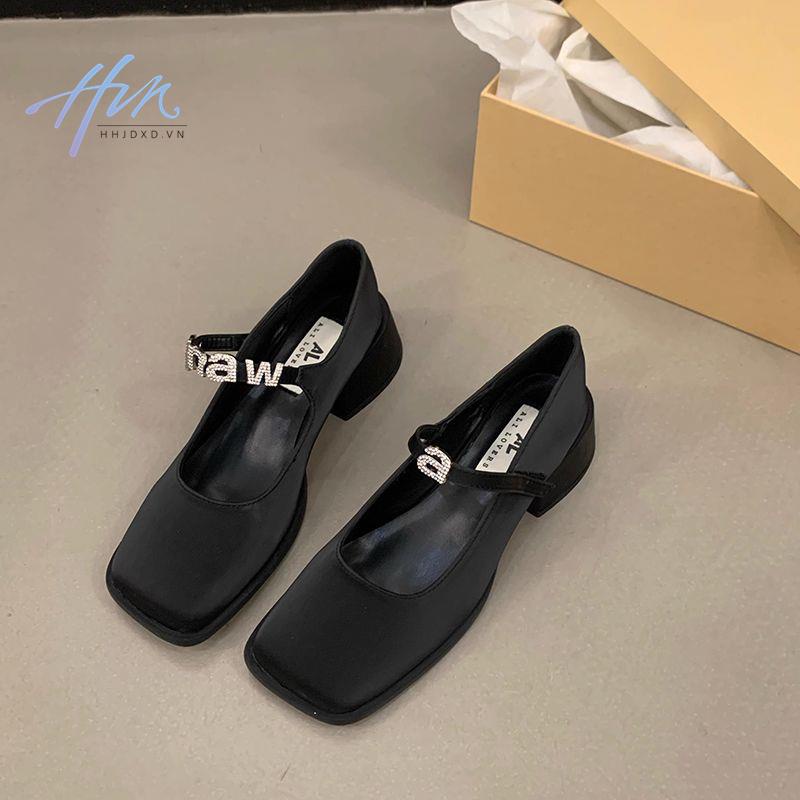 Giày Cao Gót Da Mũi Vuông Màu Đen Phong Cách Anh Quốc Thời Trang Mùa Hè 2023 Cho Nữ