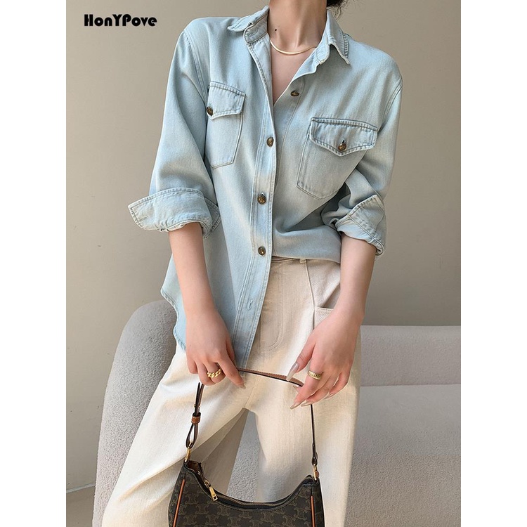Áo sơ mi denim tay dài phong cách retro mùa thu 2023 dễ phối đồ cho nữ