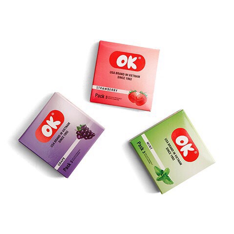 Bao cao su Ok, bao cao su siêu mỏng mùi hương dâu tây, bạc hà, socola, không mùi, hộp 3 bcs