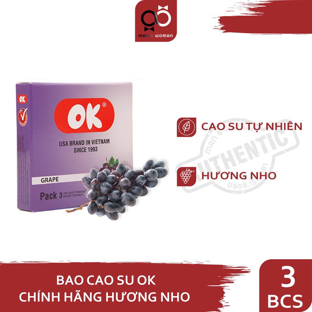 Bao cao su Ok, bao cao su siêu mỏng mùi hương dâu tây, bạc hà, socola, không mùi, hộp 3 bcs