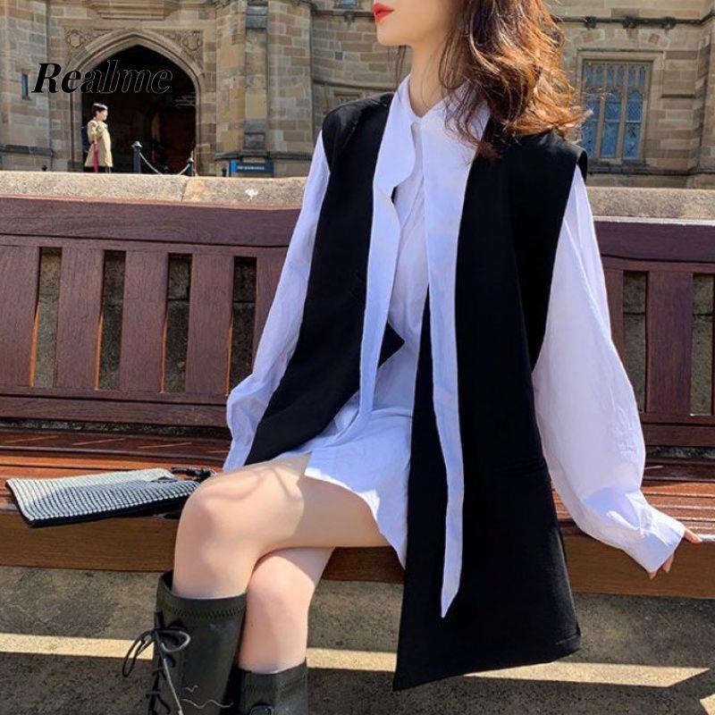 Set Áo Sơ Mi Tay Dài + Áo Khoác Vest Không Tay Phong Cách Pháp Thời Trang Cho Nữ