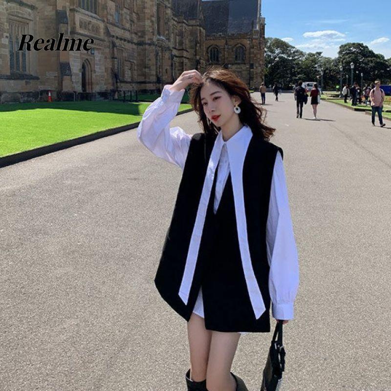 Set Áo Sơ Mi Tay Dài + Áo Khoác Vest Không Tay Phong Cách Pháp Thời Trang Cho Nữ