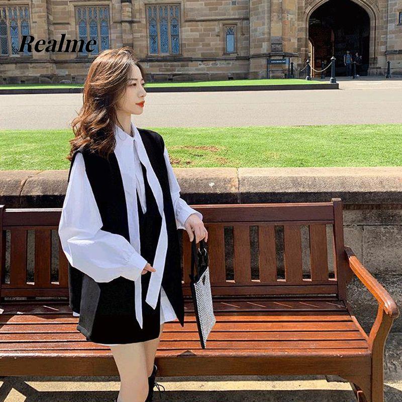 Set Áo Sơ Mi Tay Dài + Áo Khoác Vest Không Tay Phong Cách Pháp Thời Trang Cho Nữ