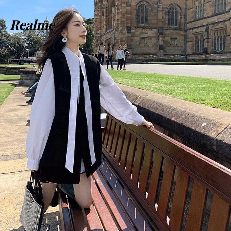 Set Áo Sơ Mi Tay Dài + Áo Khoác Vest Không Tay Phong Cách Pháp Thời Trang Cho Nữ