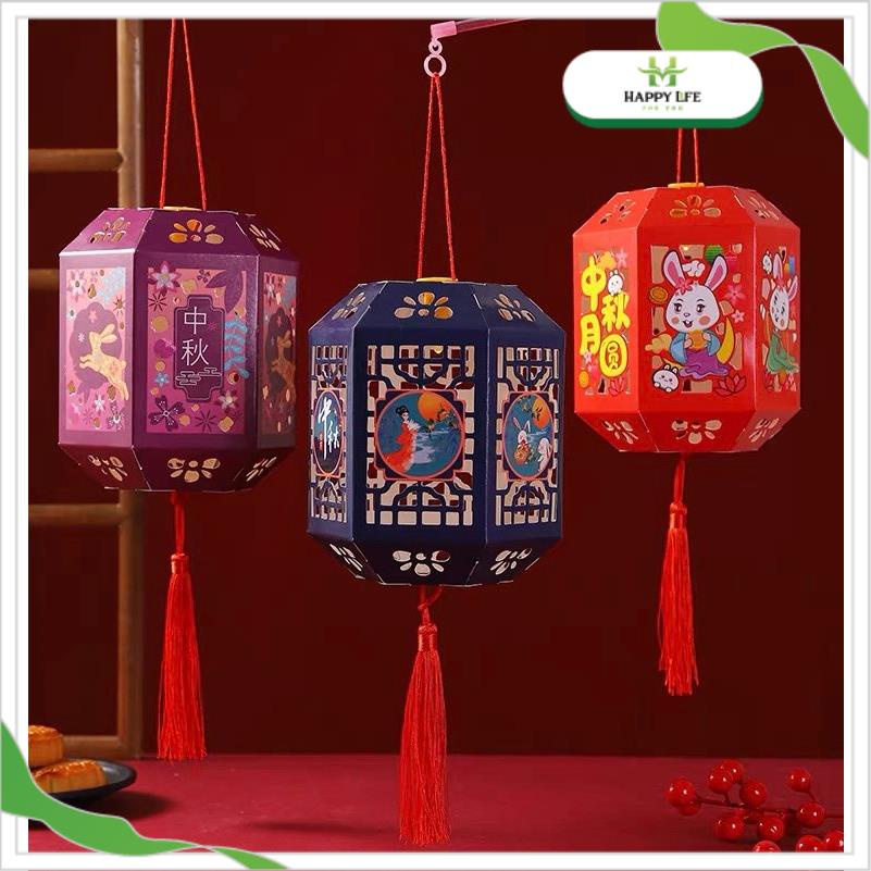 Lồng đèn trung thu cho bé, lồng đèn giấy trang trí họa tiết Trung Hoa cổ điển kèm đèn cầy điện - Happy Life 4U