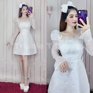 Đầm xoè dáng A TRIPBLE T DRESS tay dài phối lông vũ - size S/M/L