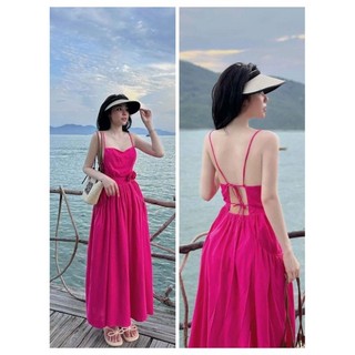 Đầm xòe hồng 2 dây hở lưng đan dây kèm hoa eo 0708