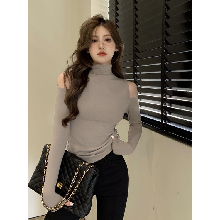 Jiashucheng Áo Thun Tay Dài Cổ Cao Hở Vai Dáng Ôm Thời Trang Thu Đông Sang Trọng Cho Nữ