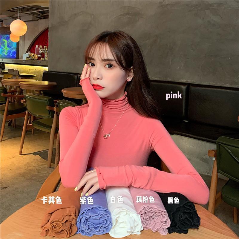 Jiashucheng Áo Thun Dài Tay Cổ Cao Màu Đen Thời Trang Thu Đông Cho Nữ