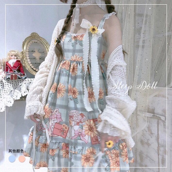 Váy lolita nhật bản cô gái mềm hoa hướng dương cô gái mềm có thể lolita jsk dây đeo váy bạn gái váy