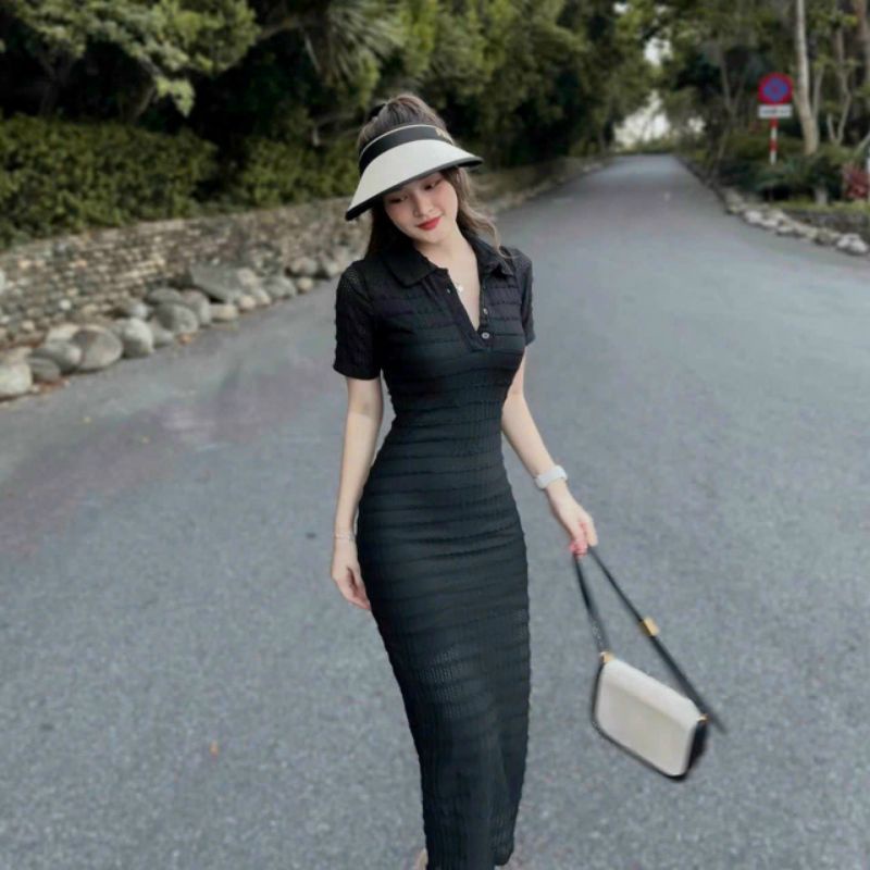 Đầm body nữ thời trang mặc đi chơi tay ngắn cổ  thun cài nút như hình chất liệu len ren cao cấp,