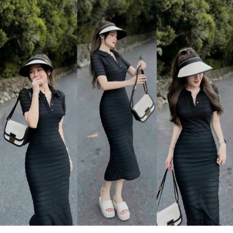 Đầm body nữ thời trang mặc đi chơi tay ngắn cổ  thun cài nút như hình chất liệu len ren cao cấp,