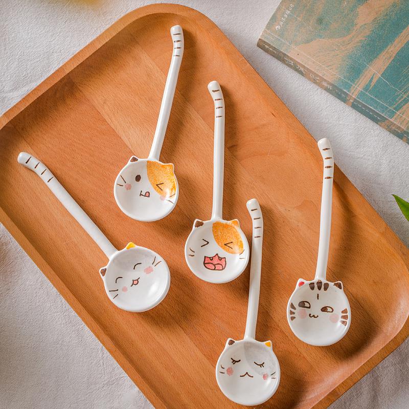 Muỗng tay-sơn phim hoạt hình jingle mèo nhà gốm thìa ăn cơm sáng tạo tay cầm dài trẻ em thìa trộn món tráng miệng dễ thương