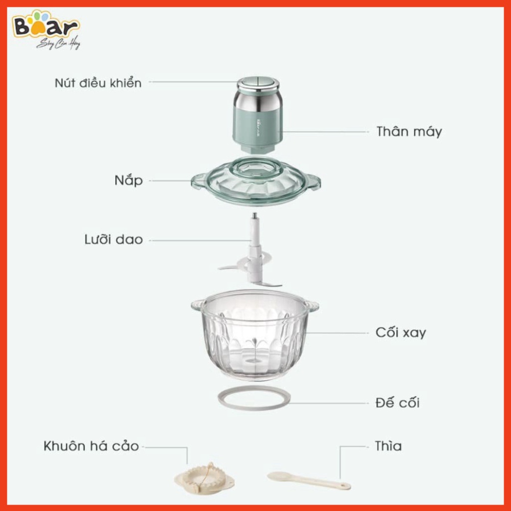 Máy Xay Thịt Đa Năng Bear Dung Tích 2,5l, Cối Thủy Tinh Công Suất 350W -ChangBeauty68