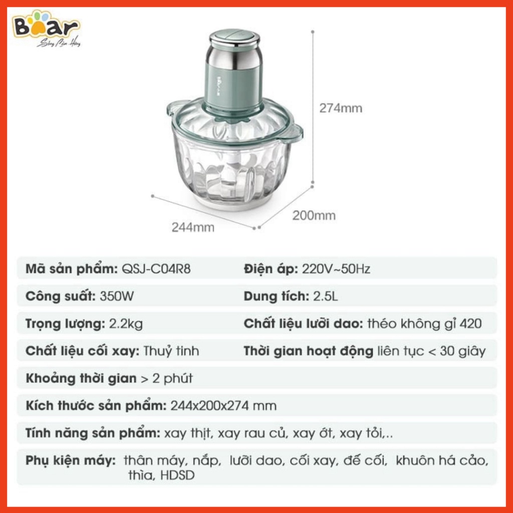 Máy Xay Thịt Đa Năng Bear Dung Tích 2,5l, Cối Thủy Tinh Công Suất 350W -ChangBeauty68