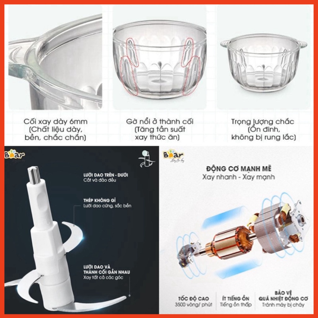 Máy Xay Thịt Đa Năng Bear Dung Tích 2,5l, Cối Thủy Tinh Công Suất 350W -ChangBeauty68