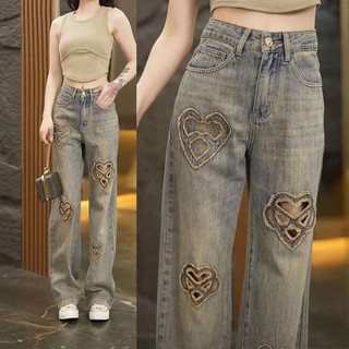 Phần mỏng thắt lưng cao xẻ thêu rộng-chân quần jean nữ s mùa hè mới giảm béo all-match thẳng-chân lau quần