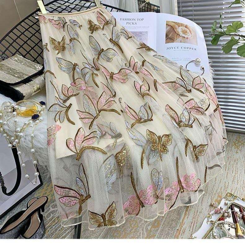 Công nghiệp nặng mới váy thêu sequin phụ nữ váy lưới xếp nếp mid-length a-line super fairy dress
