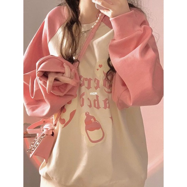 Áo sweater nữ raglan phối tay hồng đào đi học đi chơi học sinh hình bình sữa nhỏ đáng yêu