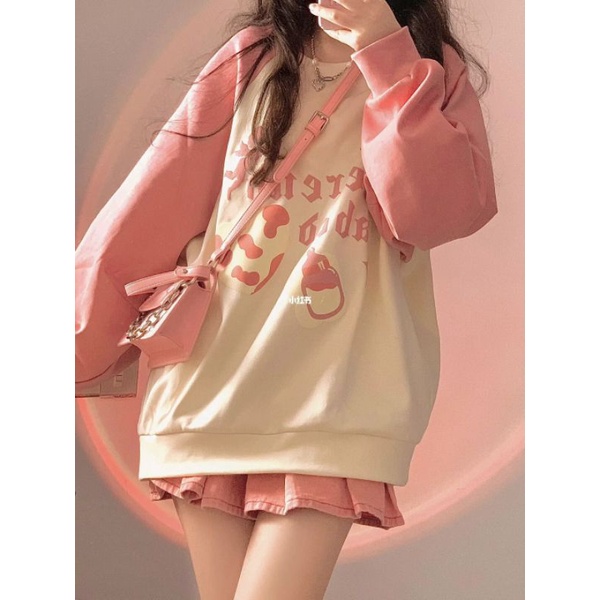 Áo sweater nữ raglan phối tay hồng đào đi học đi chơi học sinh hình bình sữa nhỏ đáng yêu