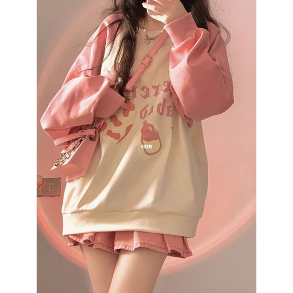 Áo sweater nữ raglan phối tay hồng đào đi học đi chơi học sinh hình bình sữa nhỏ đáng yêu