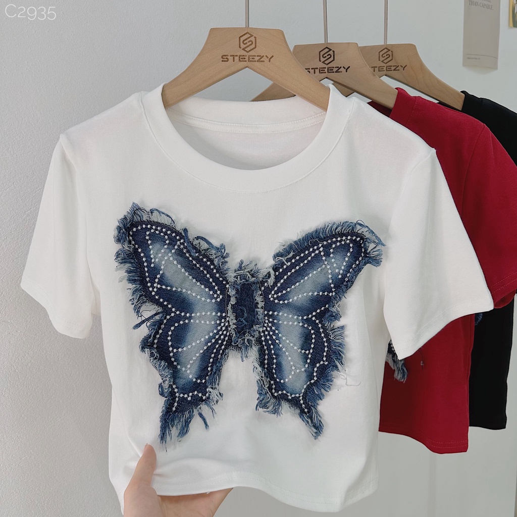 Áo croptop thun cotton thêu hình jeans tua rua form ôm (Ảnh thật/ Có sẵn)