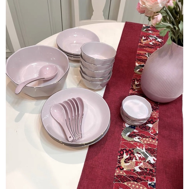 Bộ bát đĩa tô thìa muỗng gốm sứ hồng pastel viền vàng cao cấp