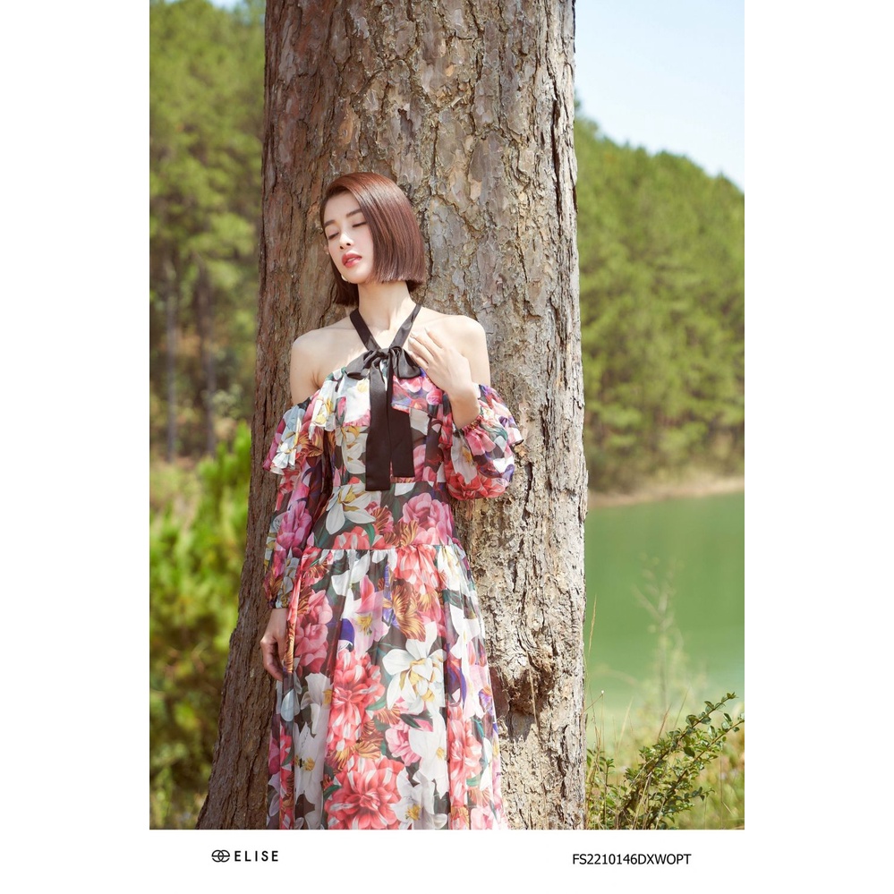 Đầm maxi chiffon hoa ly hồng hở vai thiết kế Elise FS2210146DXWOPT