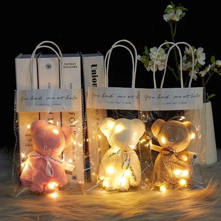 Khăn gấu kèm túi món quà kt 30*30cm có đèn lập loè fairy light đẹp mắt Hy Hy Store