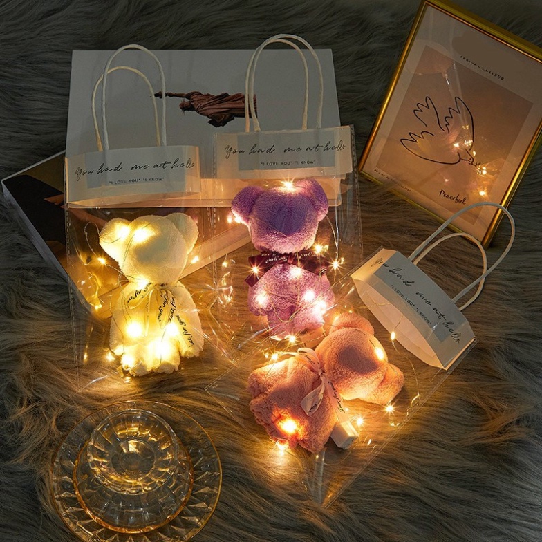 Khăn gấu kèm túi món quà kt 30*30cm có đèn lập loè fairy light đẹp mắt Hy Hy Store