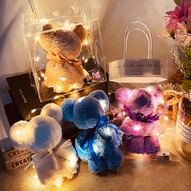 Khăn gấu kèm túi món quà kt 30*30cm có đèn lập loè fairy light đẹp mắt Hy Hy Store