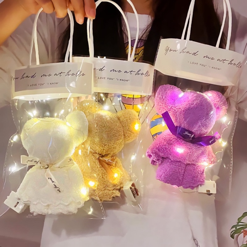 Khăn gấu kèm túi món quà kt 30*30cm có đèn lập loè fairy light đẹp mắt Hy Hy Store