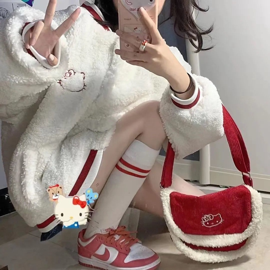 Áo Khoác Bóng Chày Lông Cừu Thêu Hình Hello Kitty Phong Cách Hàn Quốc