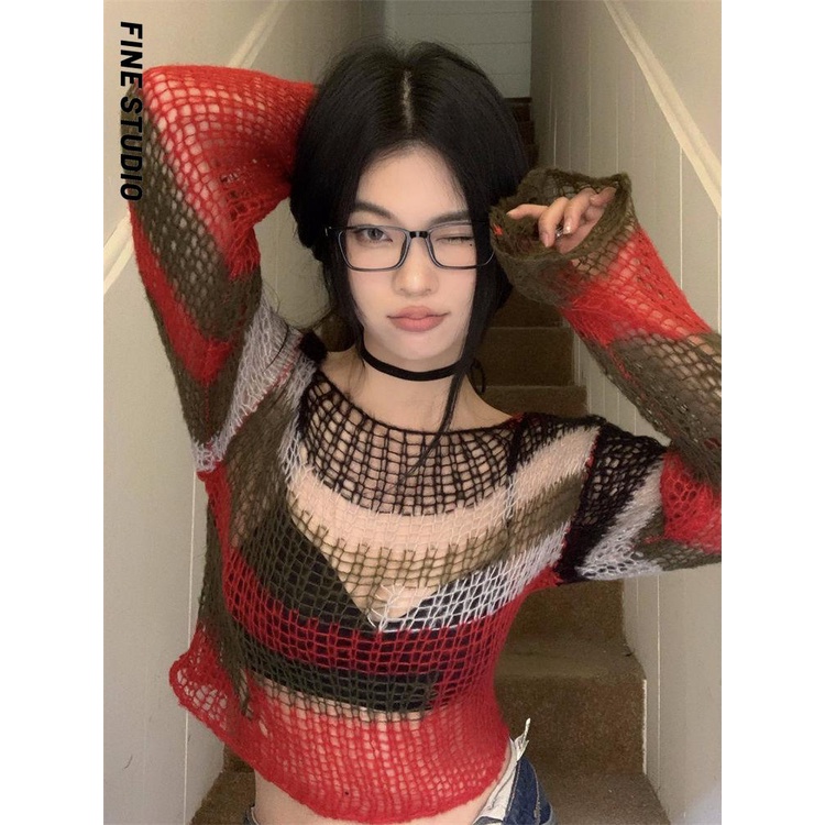Fine STUDIO Áo Sweater Chui Đầu Dáng Rộng Tay Dài Kẻ Sọc Màu Sắc Tương Phản Thời Trang Xuân Hè Dành Cho Bạn Nữ