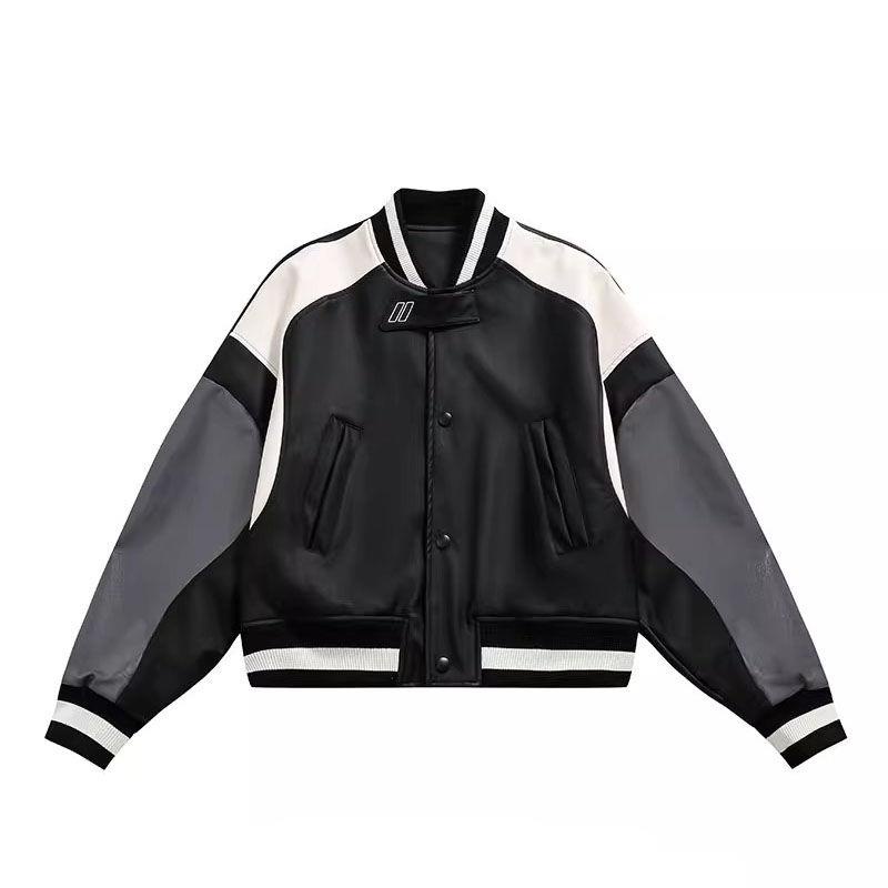 Áo Khoác Bóng Chày Chất Liệu Da Phối Màu Tương Phản Phong Cách Hip Hop Đường Phố Mỹ Cá Tính Cho Nam